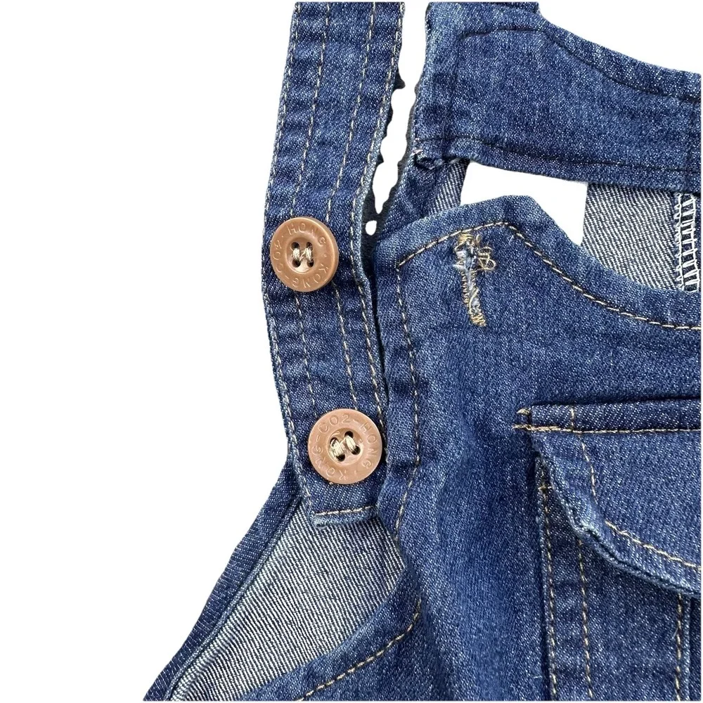Childs Bib Blue Jean  Overalls Size 2-3Y Embroidered Bear Patches 2 Size Adjusts